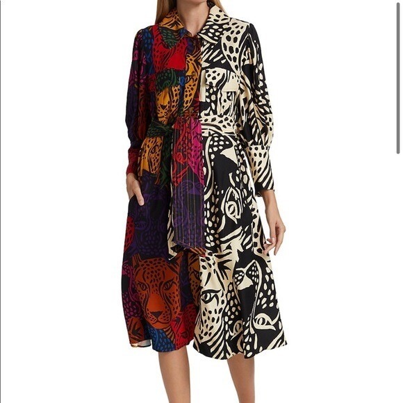 FARM Rio Dresses & Skirts - Farm Rio Midnight Leopard Prints Midi Shirt Dress Multi Color Animal Long Sleeve
